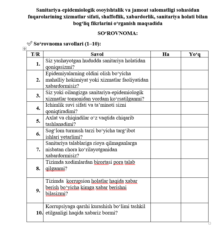 Hurmatli fuqarolar so`rovnomada faol qatnashib tizim faoliyatiga munosib baxo berishingiz so`raymiz.