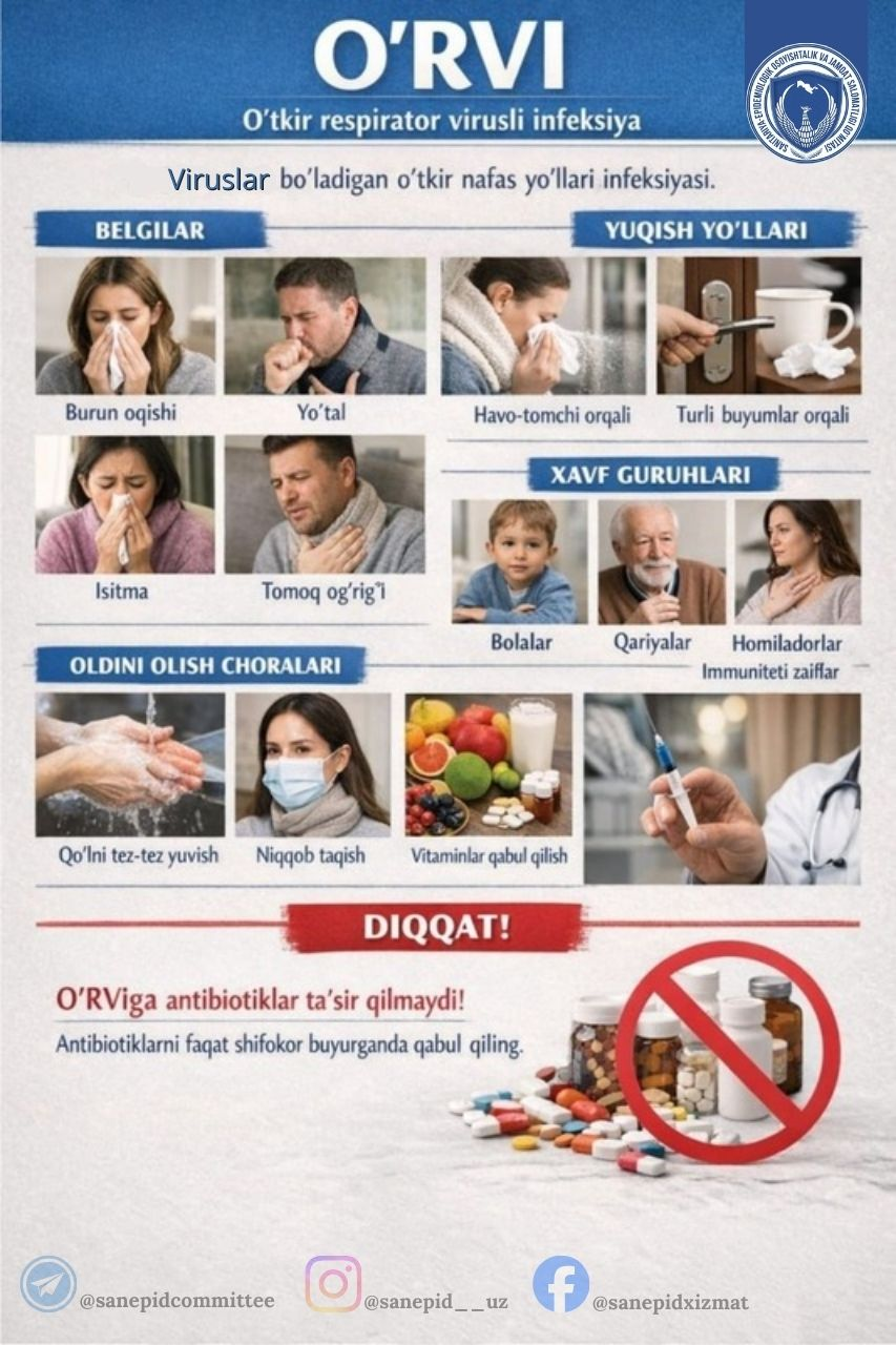 O‘RVI viruslar sababli yuzaga kelib, asosan nafas yo‘llarini zararlaydi. Kasallik havo-tomchi va turli buyumlar orqali tez yuqadi.