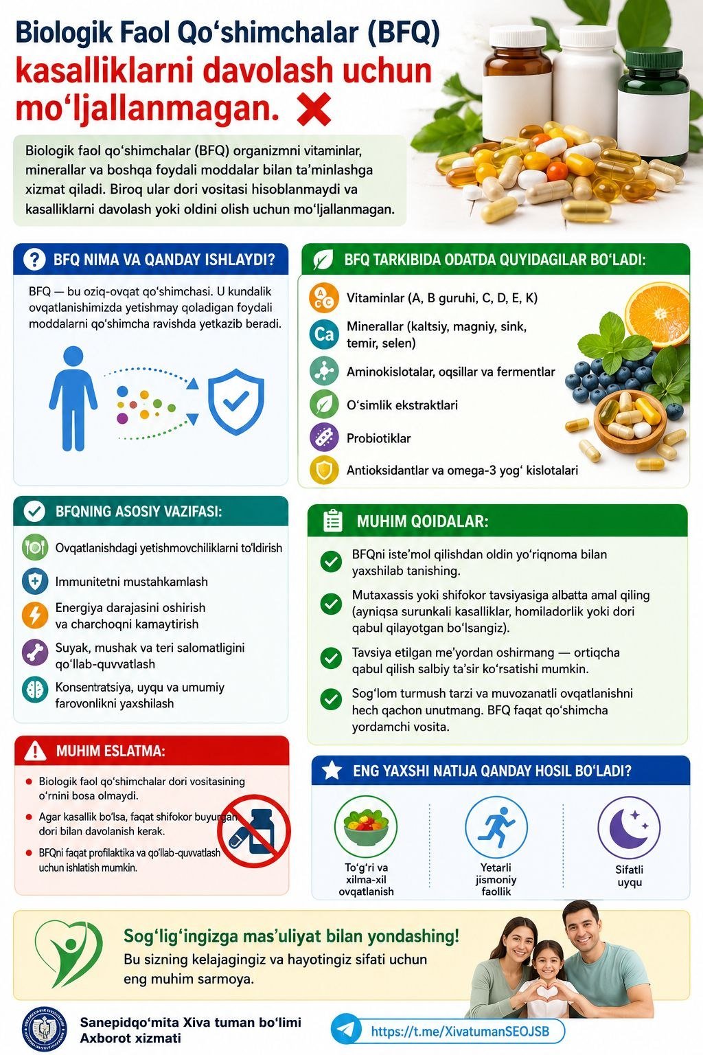 #Infografika 💊Biologik faol qo'shimchalar kasalliklarni davolash uchun mo'ljallanmagan