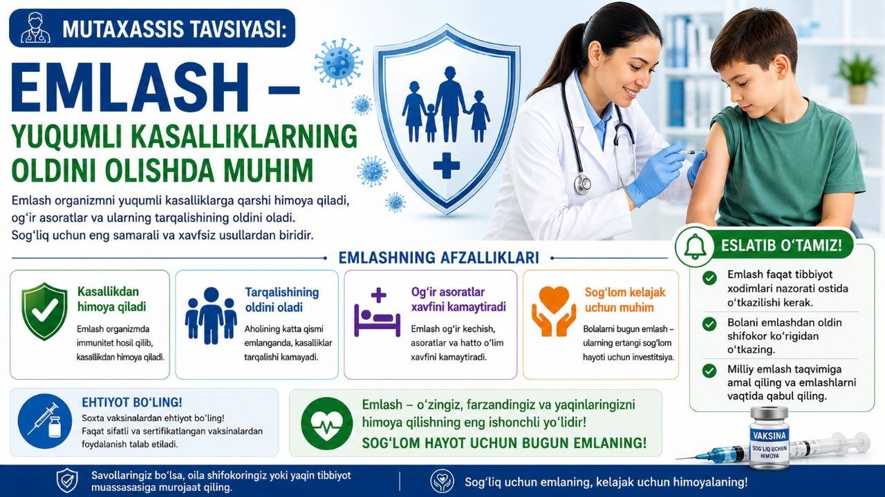 #Mutaxassis_tavsiyasi  Emlash – yuqumli kasalliklarning oldini olishda muhim