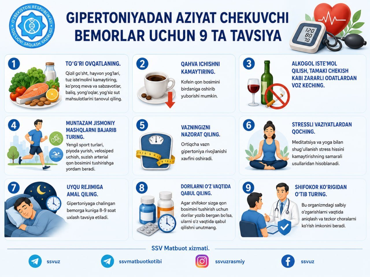🩺Gipertoniya — aholi o‘rtasida eng ko‘p tarqalgan yurak-qon tomir kasalliklaridan biri. Uni vaqtida davolamaslik infarkt, insult, yurak yetishmovichiligi kabi jiddiy xastaliklarga olib kelishi mumkin.