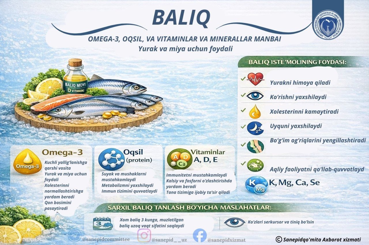 🐟BALIQ — OMEGA-3 YOG‘ KISLOTALARI VA OQSILGA BOY, YURAK VA MIYA UCHUN FOYDALI